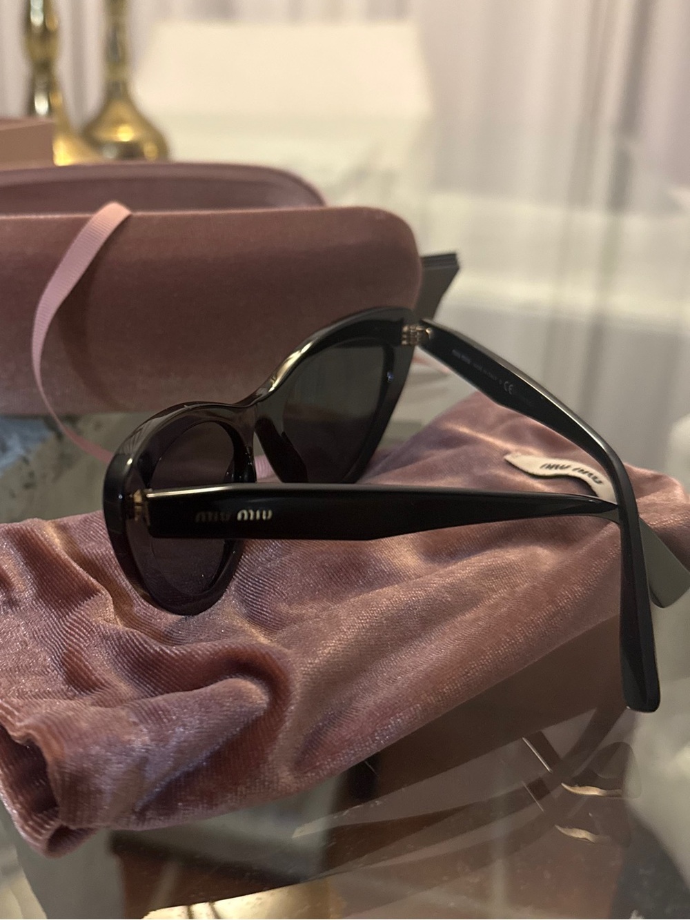 Miu Miu Black Cat-Eye Sunglasses with Blush Pink Velvet Case